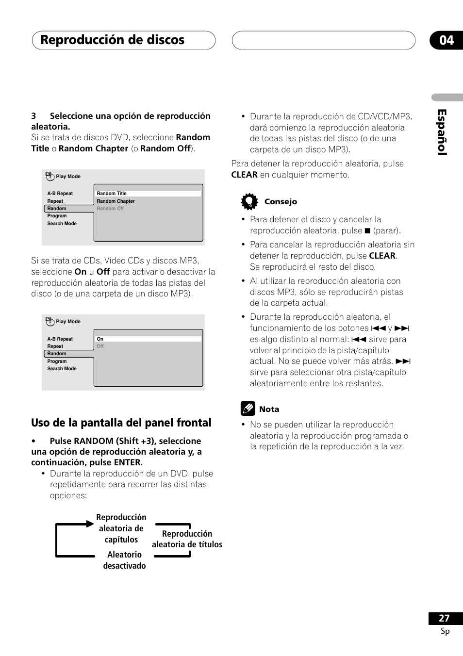 Uso de la pantalla del panel frontal, Reproducción de discos 04, Espa ñ ol | Pioneer DCS-303 User Manual | Page 27 / 76