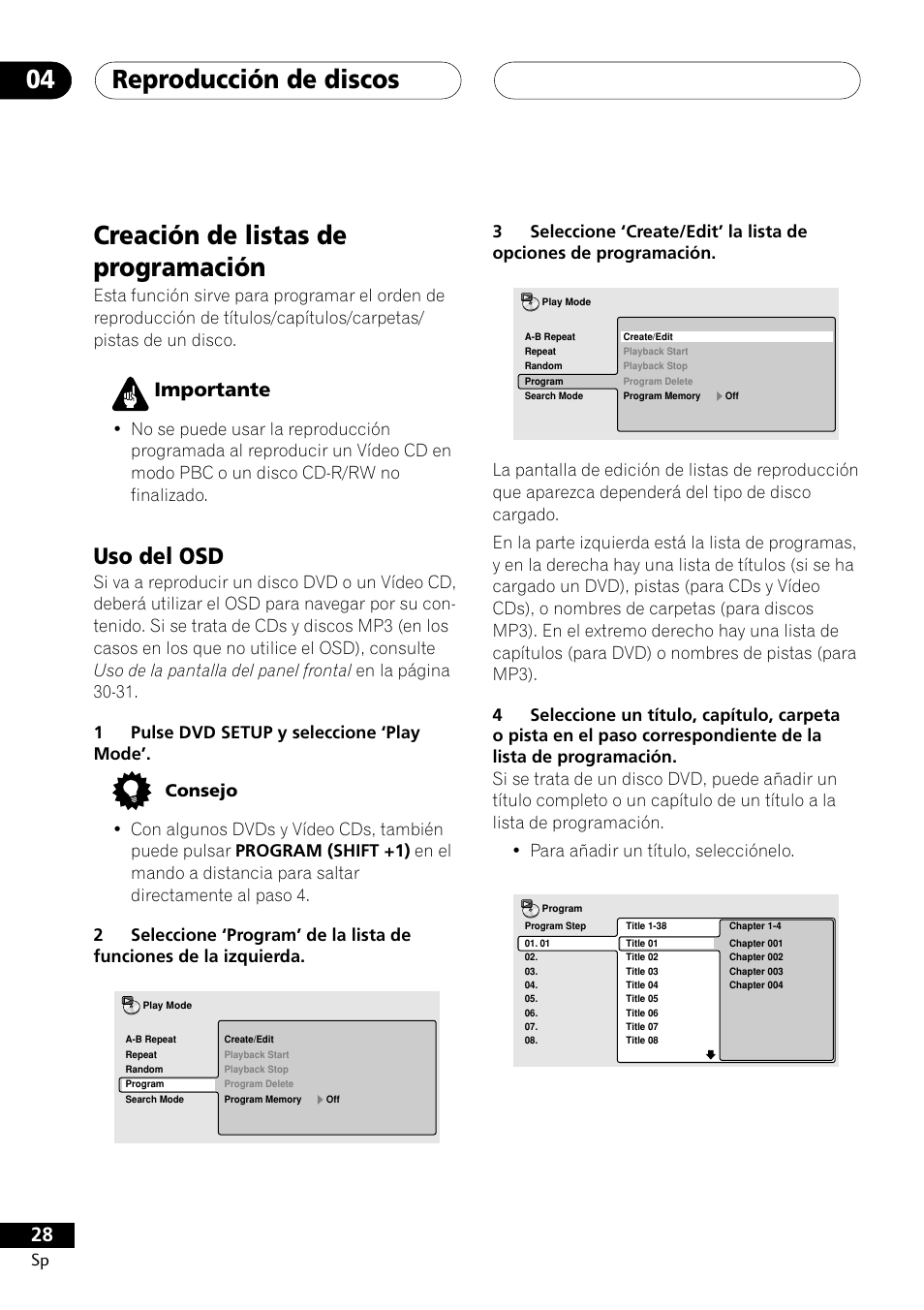 Creación de listas de programación, Uso del osd, Reproducción de discos 04 | Importante | Pioneer DCS-303 User Manual | Page 28 / 76