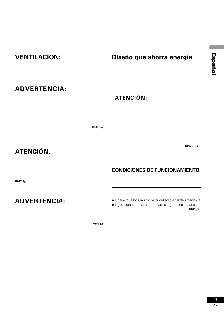 Advertencia, Ventilacion, Diseño que ahorra energía | Español, Condiciones de funcionamiento, Atención | Pioneer DCS-303 User Manual | Page 3 / 76