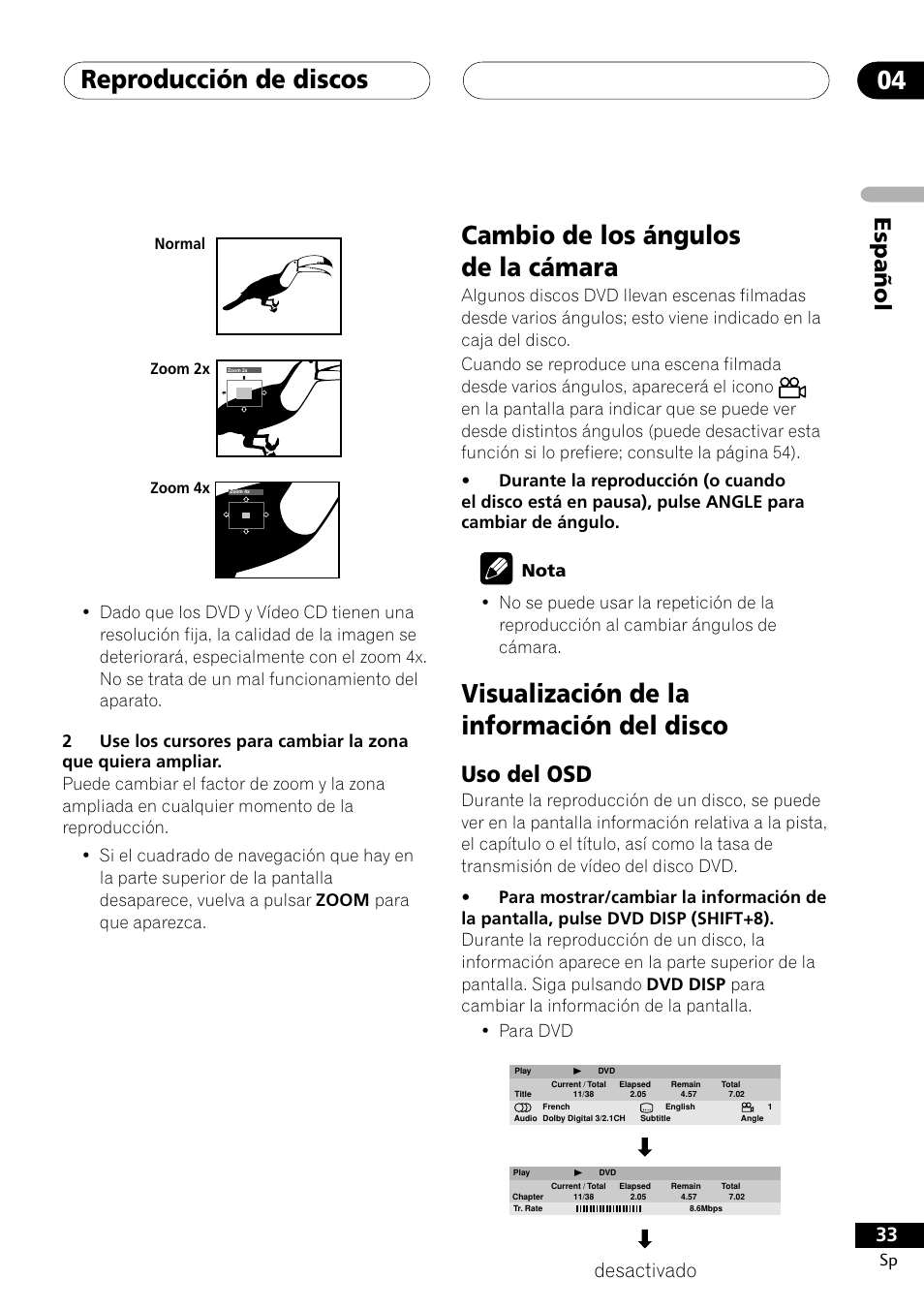 Uso del osd, Reproducción de discos 04, Cambio de los ángulos de la cámara | Visualización de la información del disco, Espa ñ ol, Desactivado | Pioneer DCS-303 User Manual | Page 33 / 76