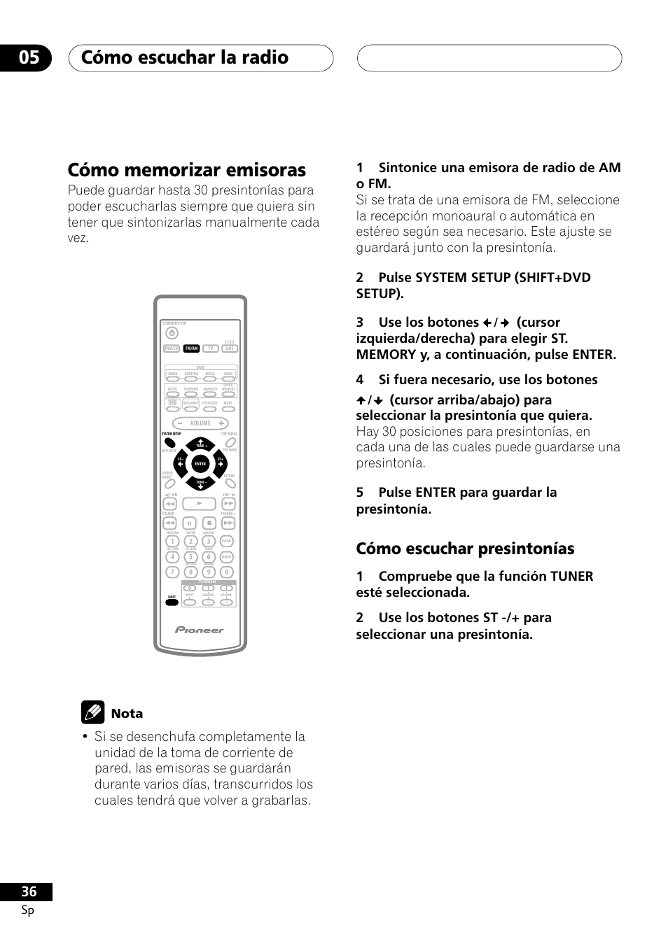 Cómo memorizar emisoras, Cómo escuchar presintonías, Cómo escuchar la radio 05 | Nota | Pioneer DCS-303 User Manual | Page 36 / 76