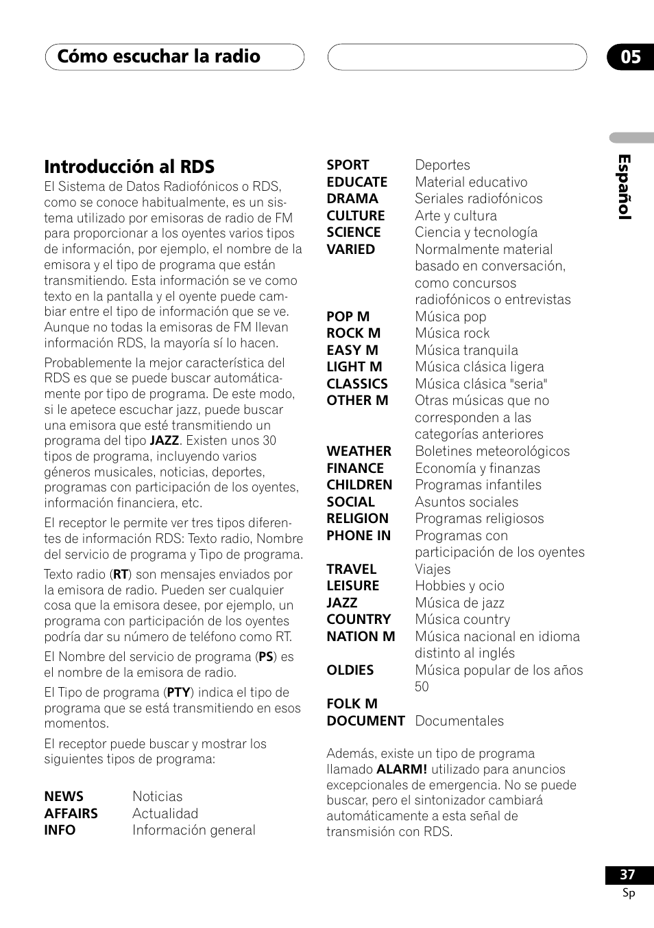 Introducción al rds, Cómo escuchar la radio 05 | Pioneer DCS-303 User Manual | Page 37 / 76