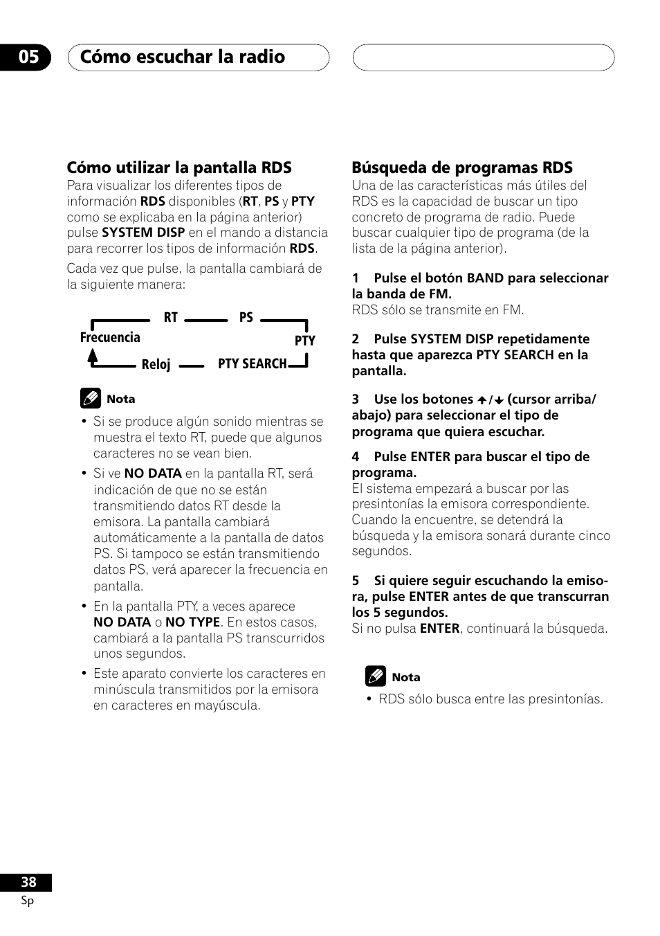 Cómo escuchar la radio 05, Cómo utilizar la pantalla rds, Búsqueda de programas rds | Pioneer DCS-303 User Manual | Page 38 / 76