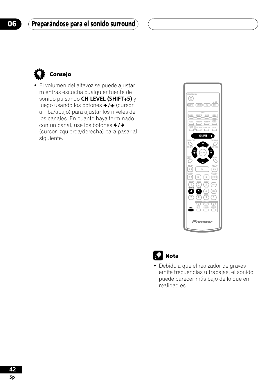 Preparándose para el sonido surround 06, Cursor izquierda/derecha) para pasar al siguiente, Sp consejo | Nota | Pioneer DCS-303 User Manual | Page 42 / 76