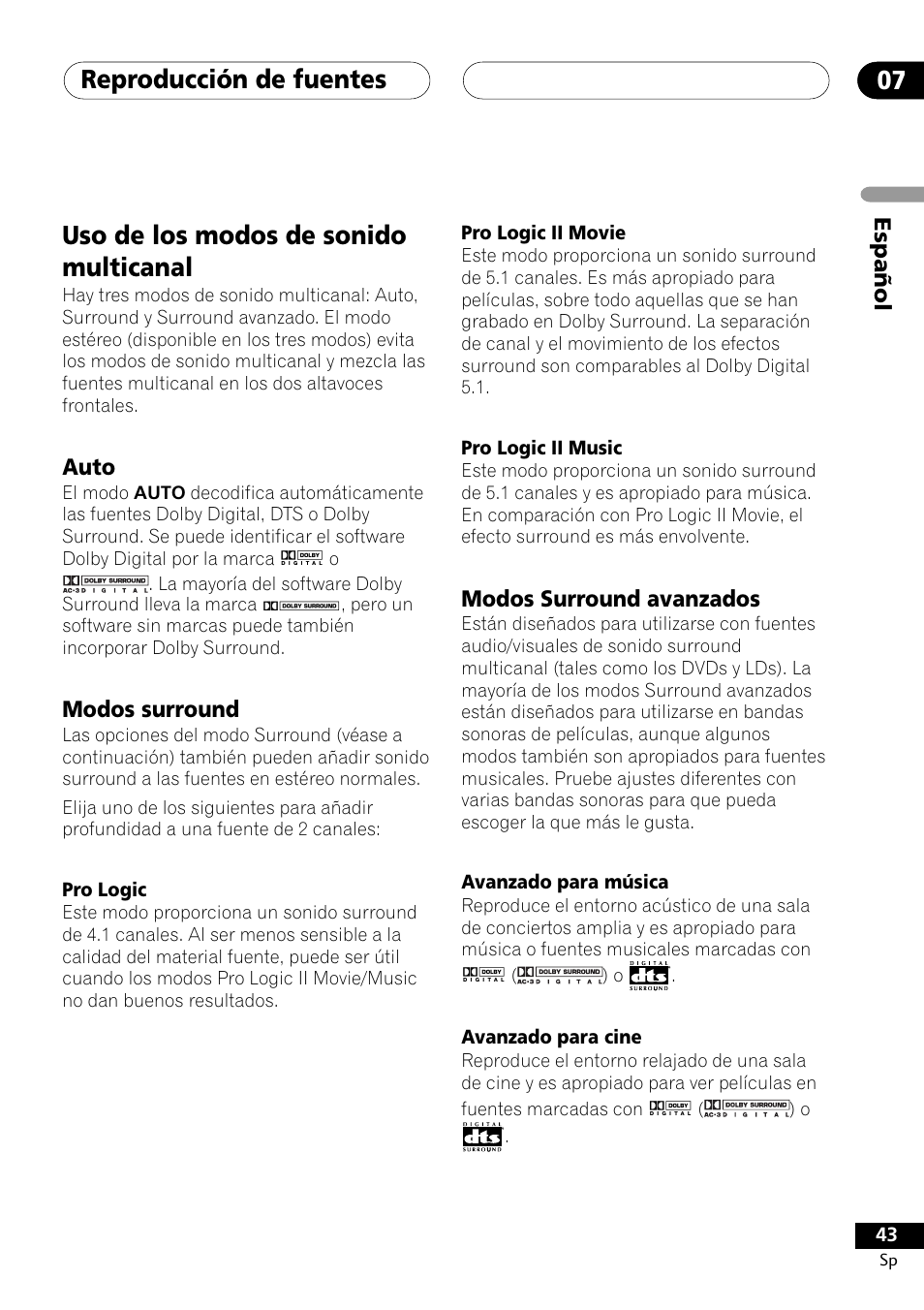 Uso de los modos de sonido multicanal, Auto modos surround modos surround avanzados, Reproducción de fuentes 07 | Pioneer DCS-303 User Manual | Page 43 / 76