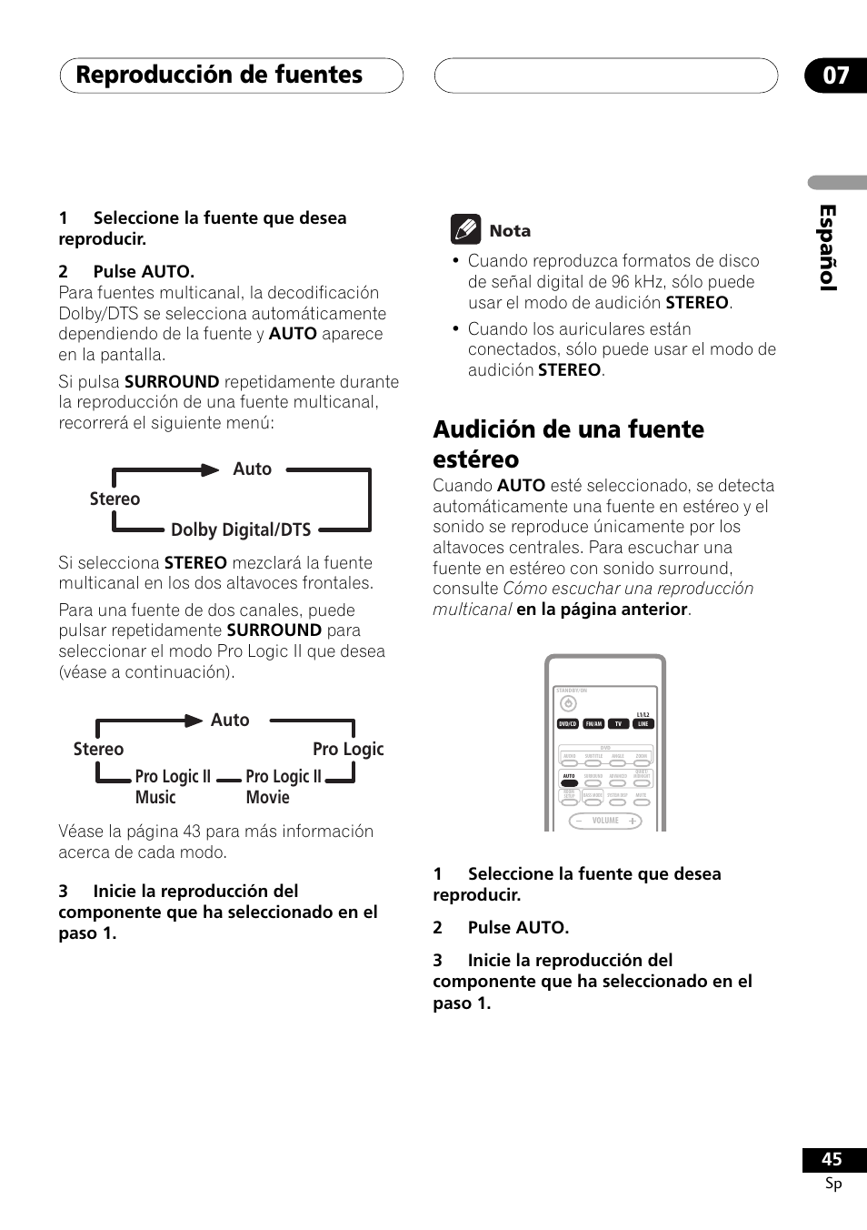 Audición de una fuente estéreo, Reproducción de fuentes 07, Español | Stereo auto dolby digital/dts | Pioneer DCS-303 User Manual | Page 45 / 76