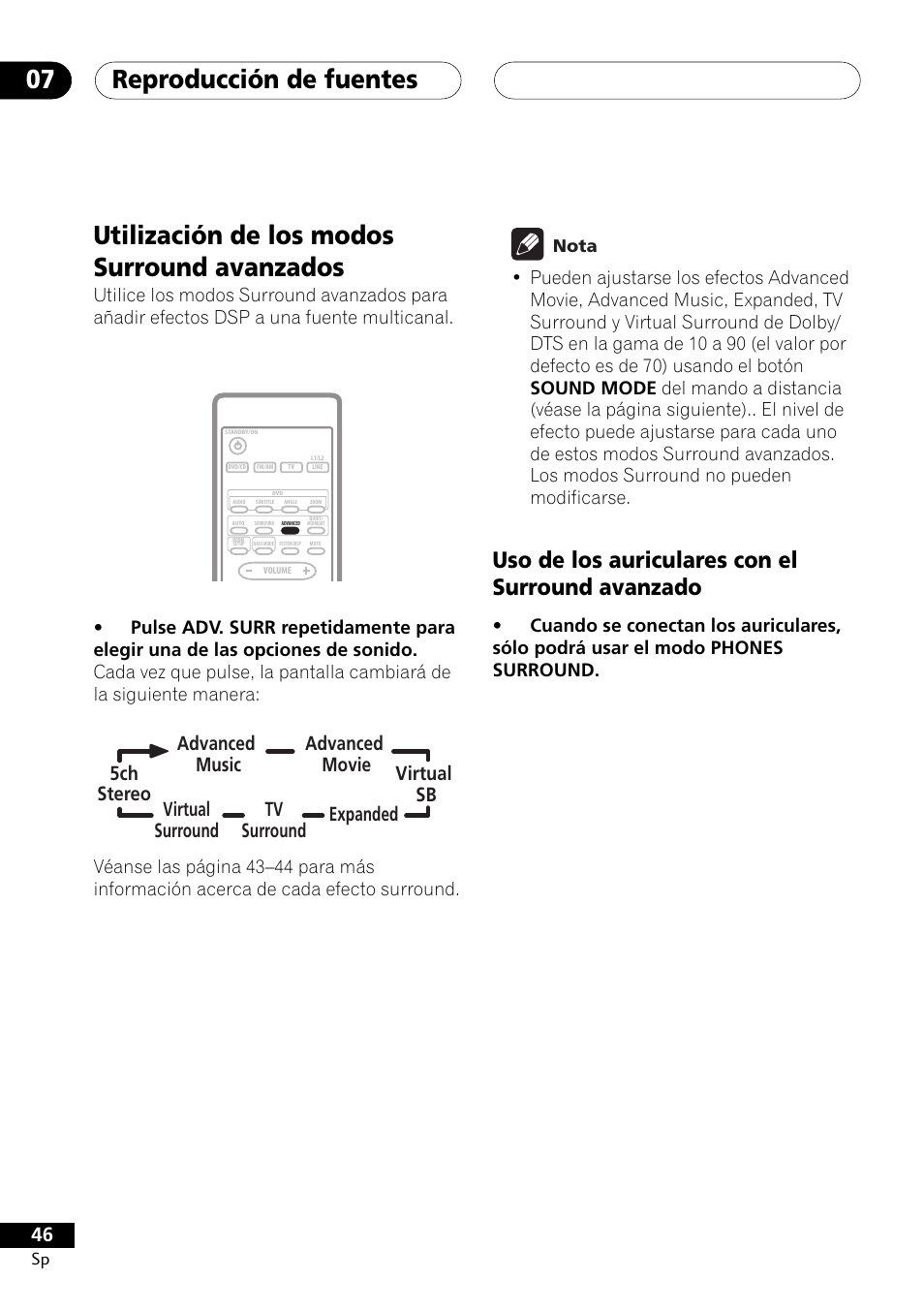 Utilización de los modos surround avanzados, Uso de los auriculares con el surround avanzado, Reproducción de fuentes 07 | Nota | Pioneer DCS-303 User Manual | Page 46 / 76