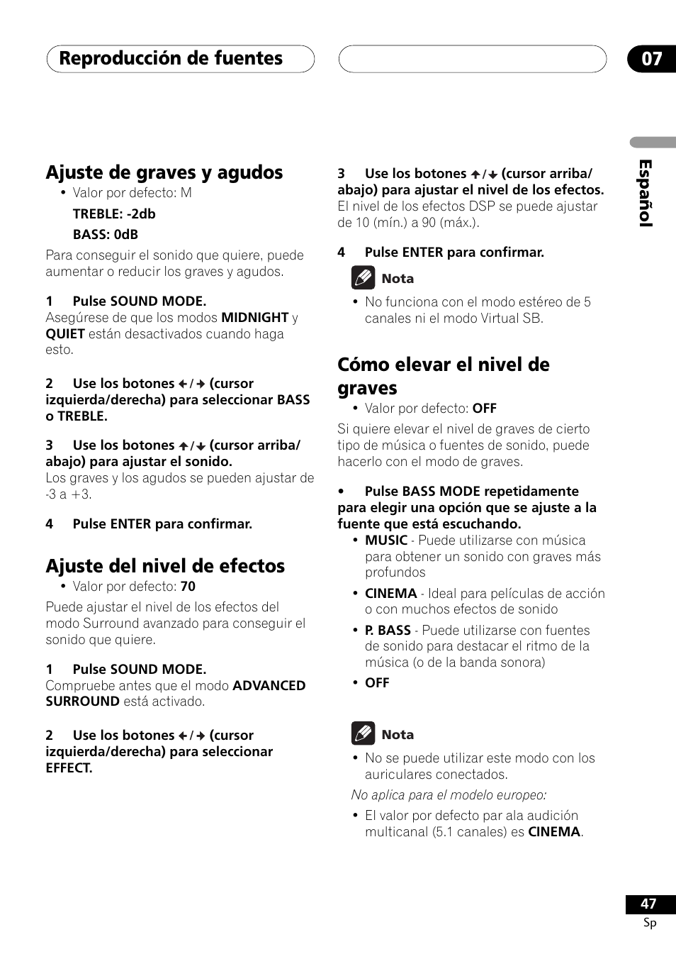 Reproducción de fuentes 07, Ajuste de graves y agudos, Ajuste del nivel de efectos | Cómo elevar el nivel de graves | Pioneer DCS-303 User Manual | Page 47 / 76