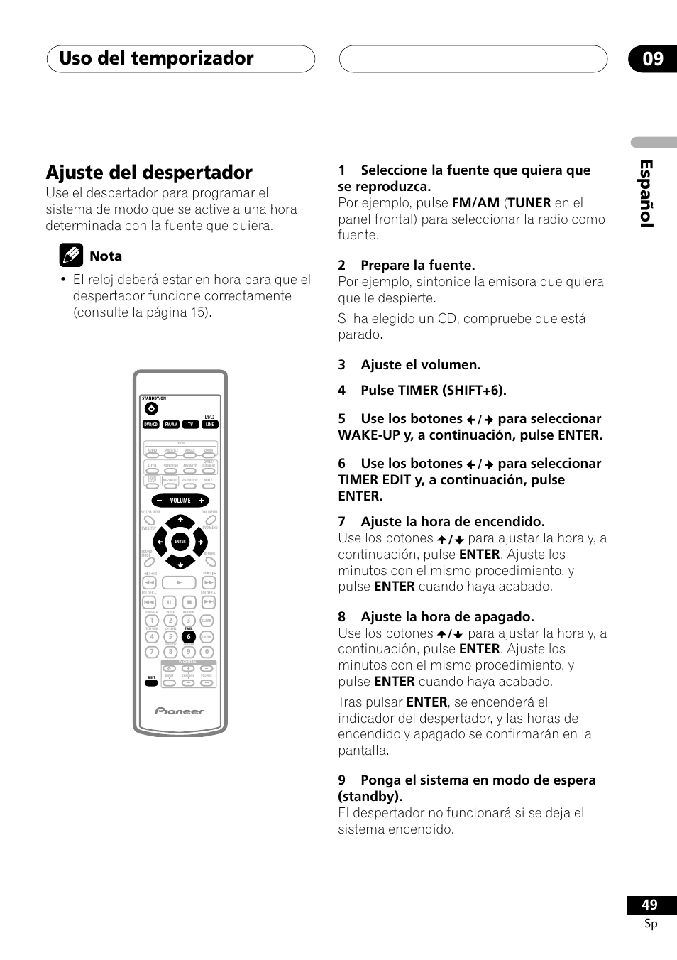 Ajuste del despertador, Uso del temporizador 09, Español | Nota | Pioneer DCS-303 User Manual | Page 49 / 76