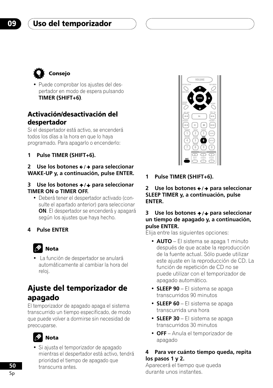 Activación/desactivación del despertador, Ajuste del temporizador de apagado, Uso del temporizador 09 | 1pulse timer (shift+6). 2 use los botones, Sp consejo, Nota | Pioneer DCS-303 User Manual | Page 50 / 76