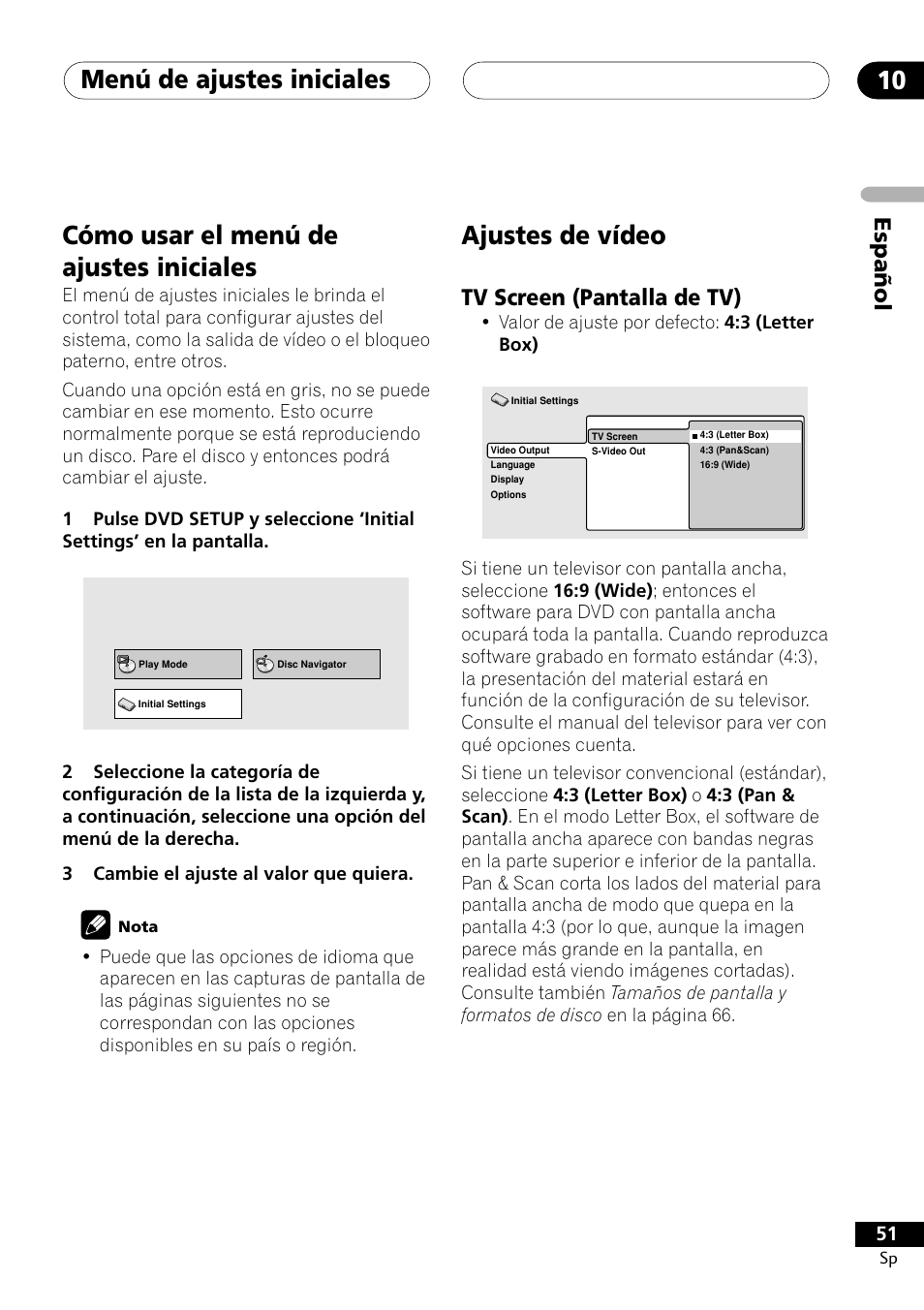 Tv screen (pantalla de tv), Menú de ajustes iniciales 10, Ajustes de vídeo | Cómo usar el menú de ajustes iniciales, Español | Pioneer DCS-303 User Manual | Page 51 / 76