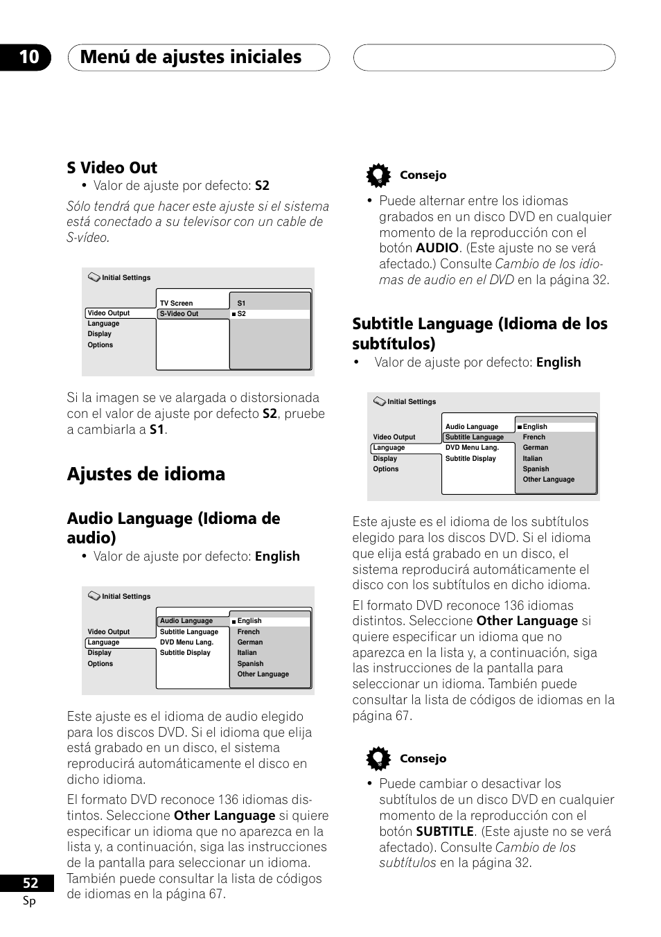 S video out, Ajustes de idioma, Menú de ajustes iniciales 10 | Subtitle language (idioma de los subtítulos), Audio language (idioma de audio), Valor de ajuste por defecto: english | Pioneer DCS-303 User Manual | Page 52 / 76
