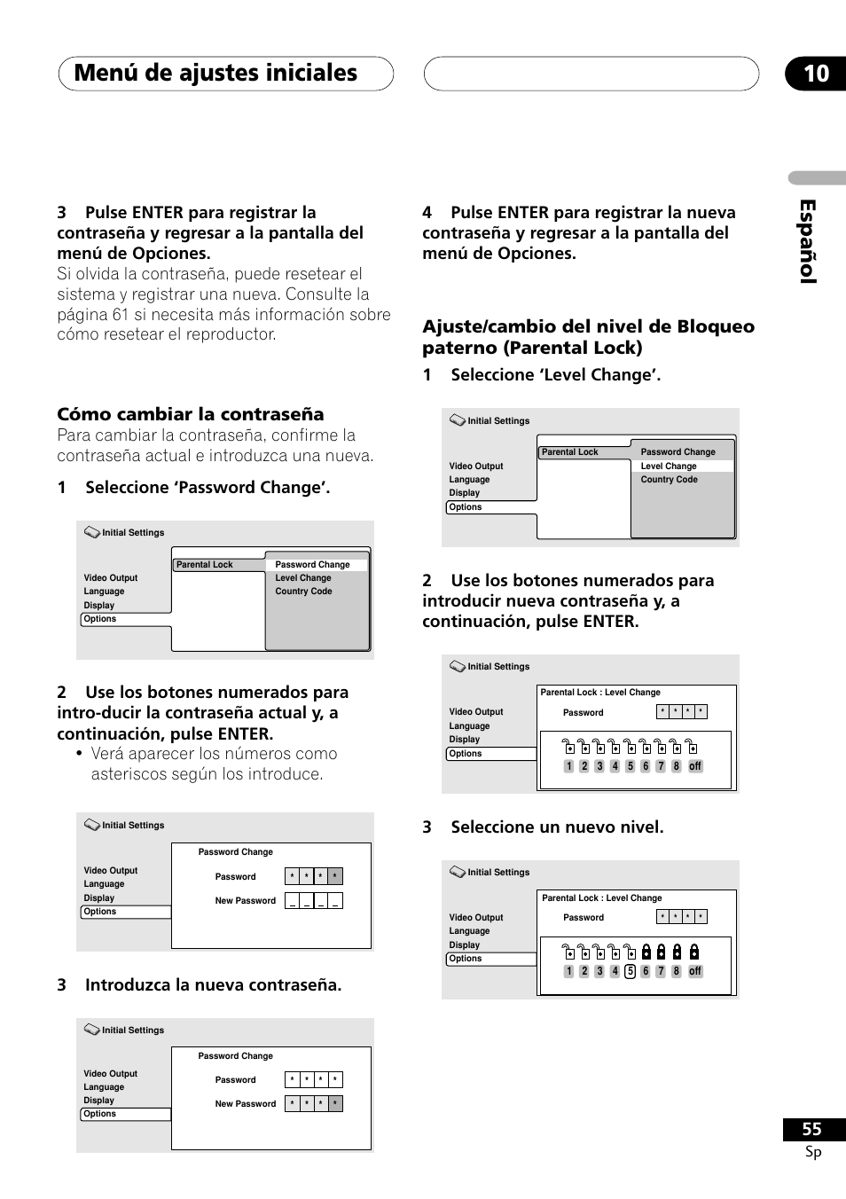 Menú de ajustes iniciales 10, Espa ñ ol, Cómo cambiar la contraseña | 1seleccione ‘level change, 3seleccione un nuevo nivel, 3introduzca la nueva contraseña | Pioneer DCS-303 User Manual | Page 55 / 76