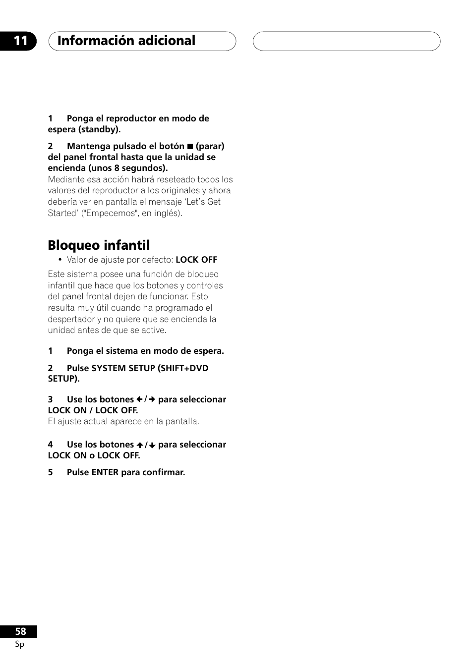 Bloqueo infantil, Información adicional 11 | Pioneer DCS-303 User Manual | Page 58 / 76