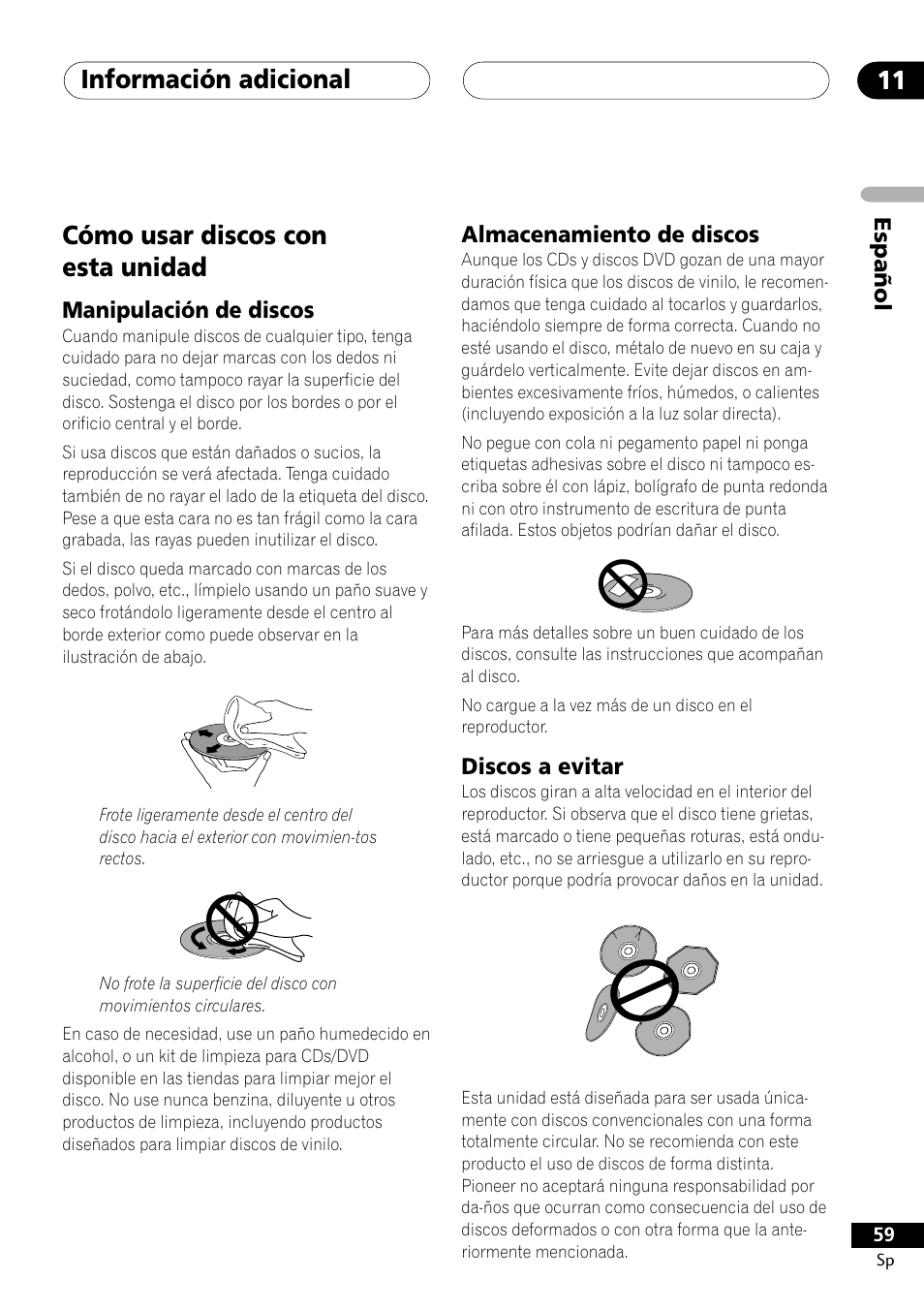 Cómo usar discos con esta unidad, Información adicional 11 | Pioneer DCS-303 User Manual | Page 59 / 76