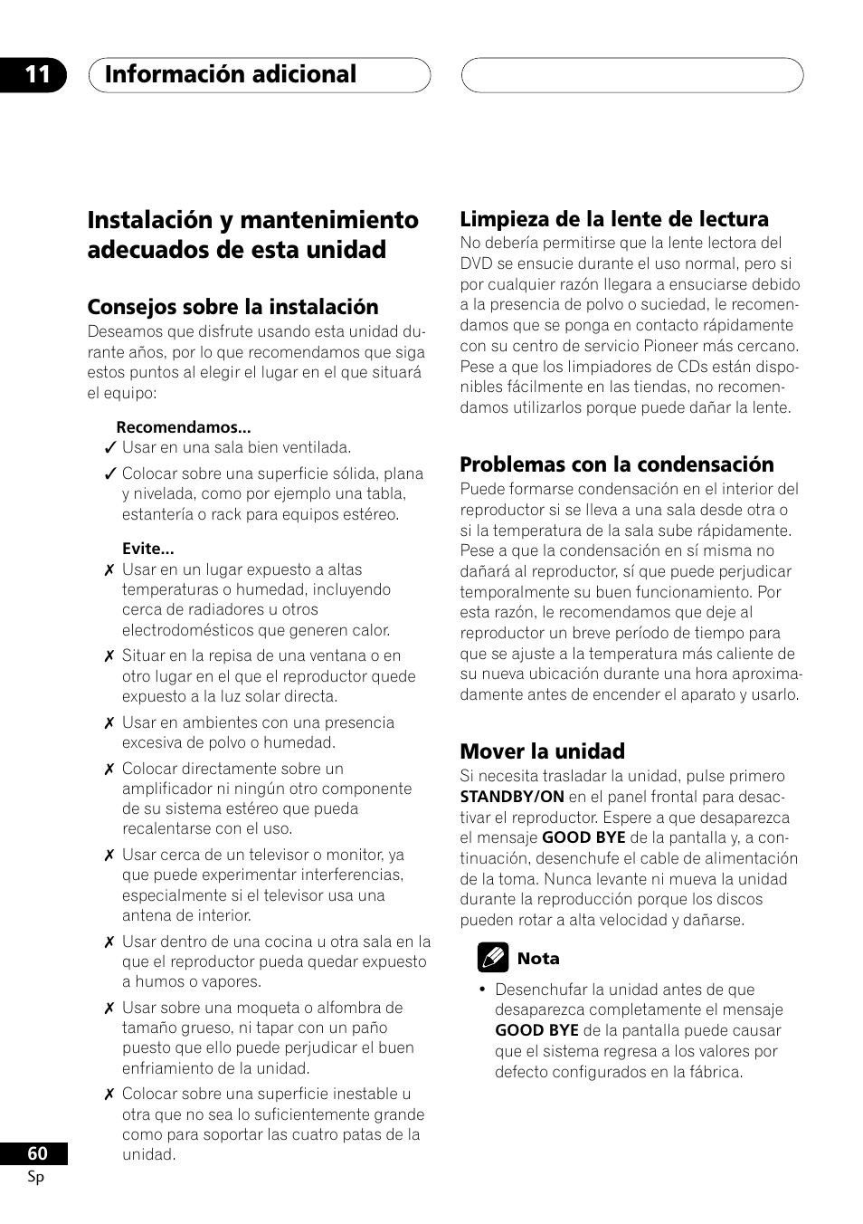 Información adicional 11, Consejos sobre la instalación, Limpieza de la lente de lectura | Problemas con la condensación, Mover la unidad | Pioneer DCS-303 User Manual | Page 60 / 76