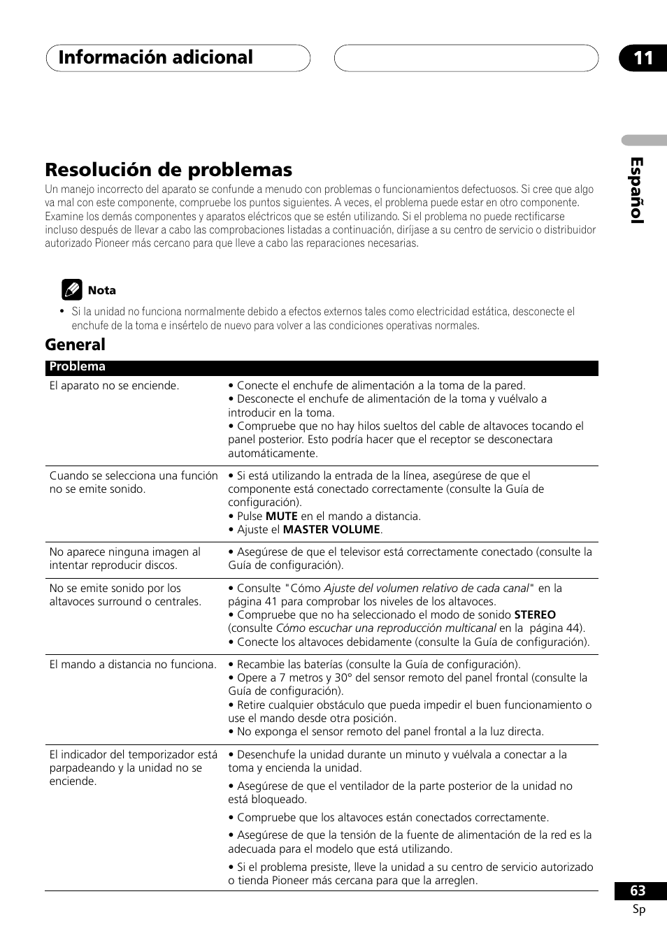 Resolución de problemas, General, Información adicional 11 | Espa ñ ol | Pioneer DCS-303 User Manual | Page 63 / 76