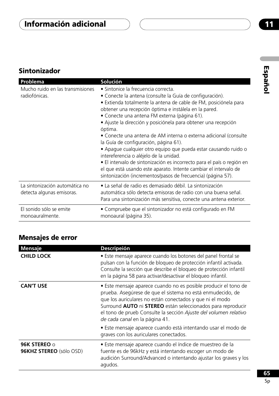 Sintonizador mensajes de error, Información adicional 11 | Pioneer DCS-303 User Manual | Page 65 / 76