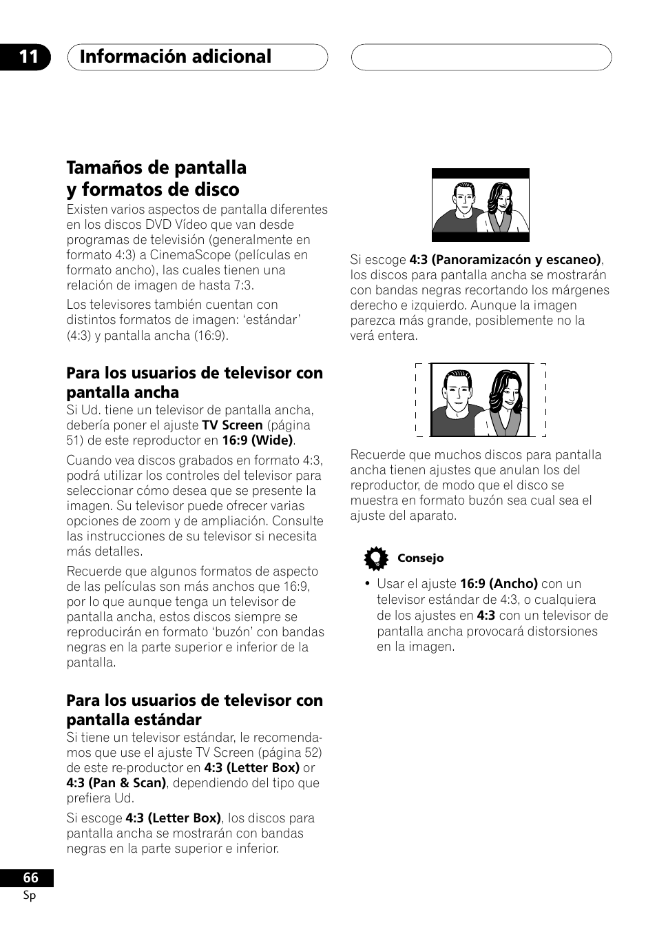 Tamaños de pantalla y formatos de disco, Información adicional 11, Para los usuarios de televisor con pantalla ancha | Pioneer DCS-303 User Manual | Page 66 / 76