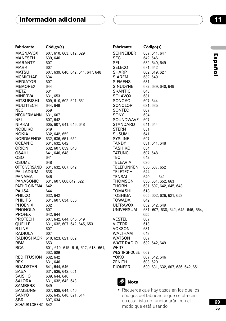 Información adicional 11, Español | Pioneer DCS-303 User Manual | Page 69 / 76