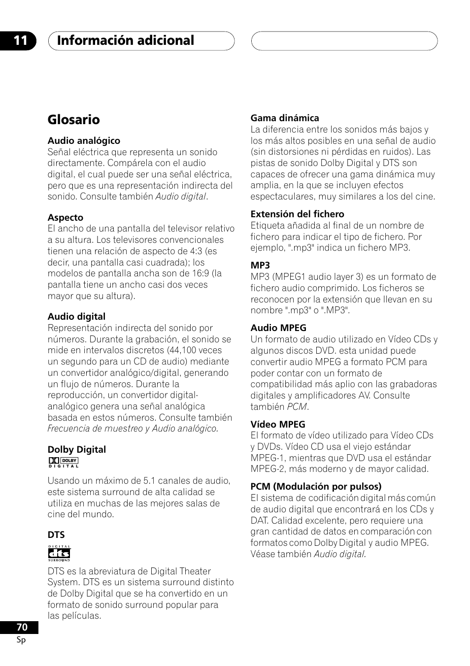 Glosario, Información adicional 11 | Pioneer DCS-303 User Manual | Page 70 / 76