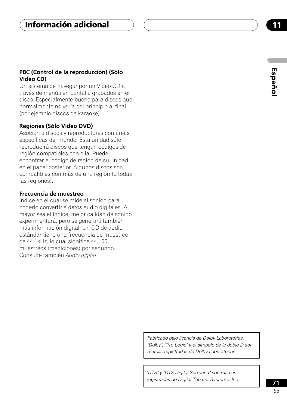 Información adicional 11, Español | Pioneer DCS-303 User Manual | Page 71 / 76