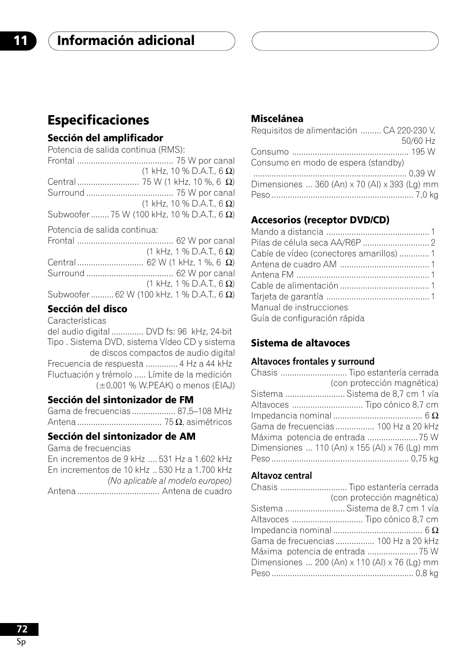 Especificaciones, Información adicional 11 | Pioneer DCS-303 User Manual | Page 72 / 76