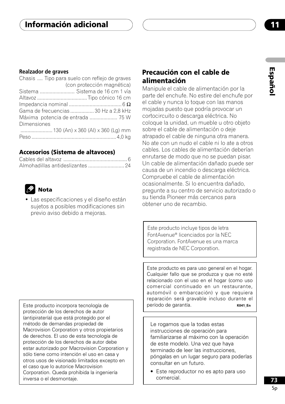 Precaución con el cable de alimentación, Información adicional 11, Español | Pioneer DCS-303 User Manual | Page 73 / 76