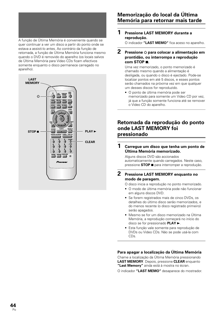 Dvd/video cd, Para apagar a localização da última memória | Pioneer DV-530 User Manual | Page 100 / 112
