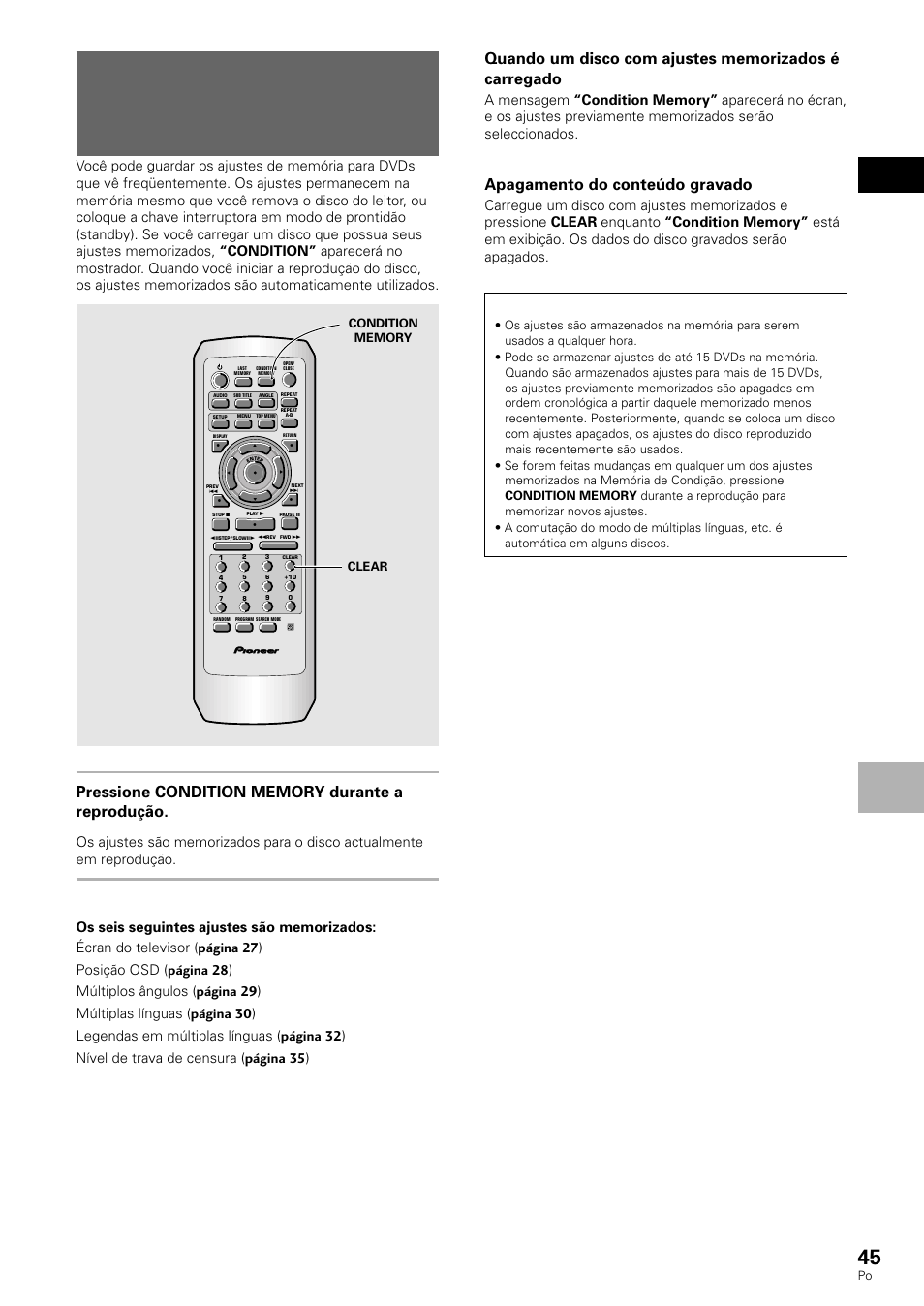 Funções a v ançadas português, Apagamento do conteúdo gravado, Clear | Pioneer DV-530 User Manual | Page 101 / 112