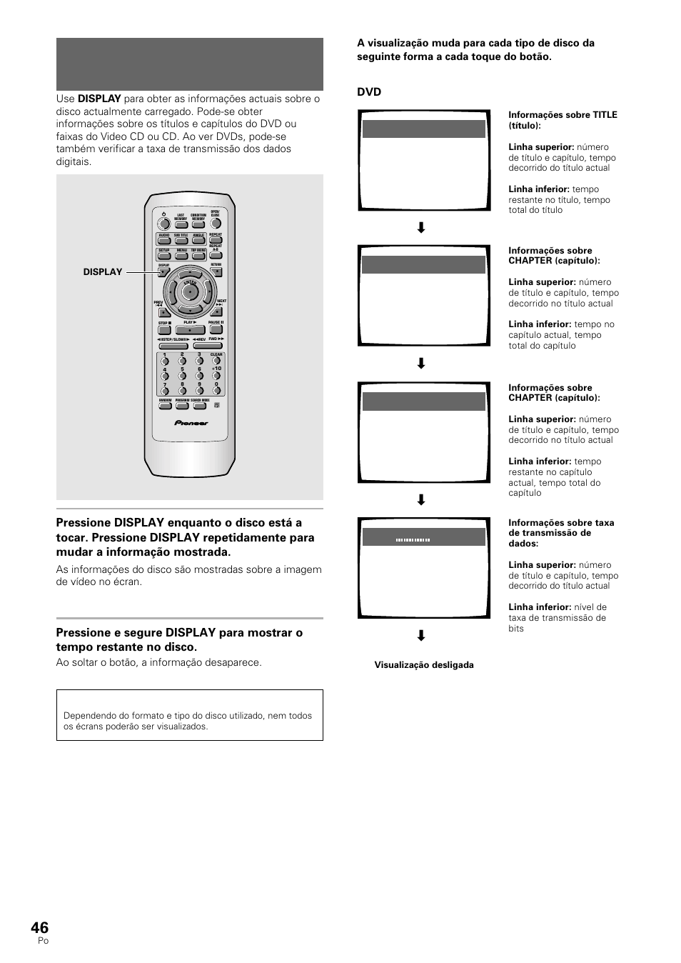 Visualização das informações do disco, Dvd/video cd/cd, Ao soltar o botão, a informação desaparece. nota | Display | Pioneer DV-530 User Manual | Page 102 / 112
