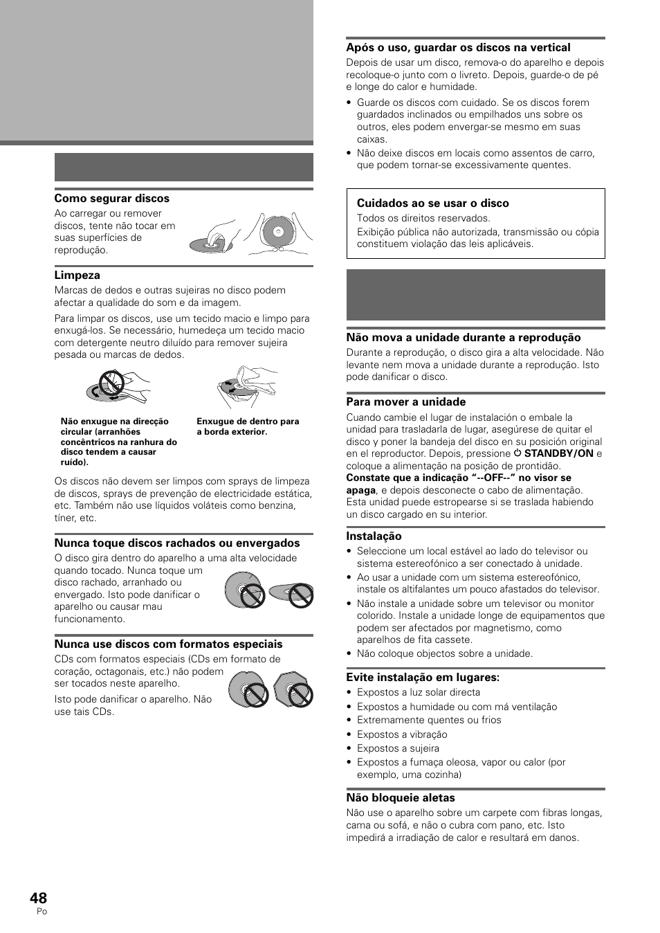 Informações adicionais, Cuidados com o disco, Para o uso correcto e duradouro desta unidade | Pioneer DV-530 User Manual | Page 104 / 112