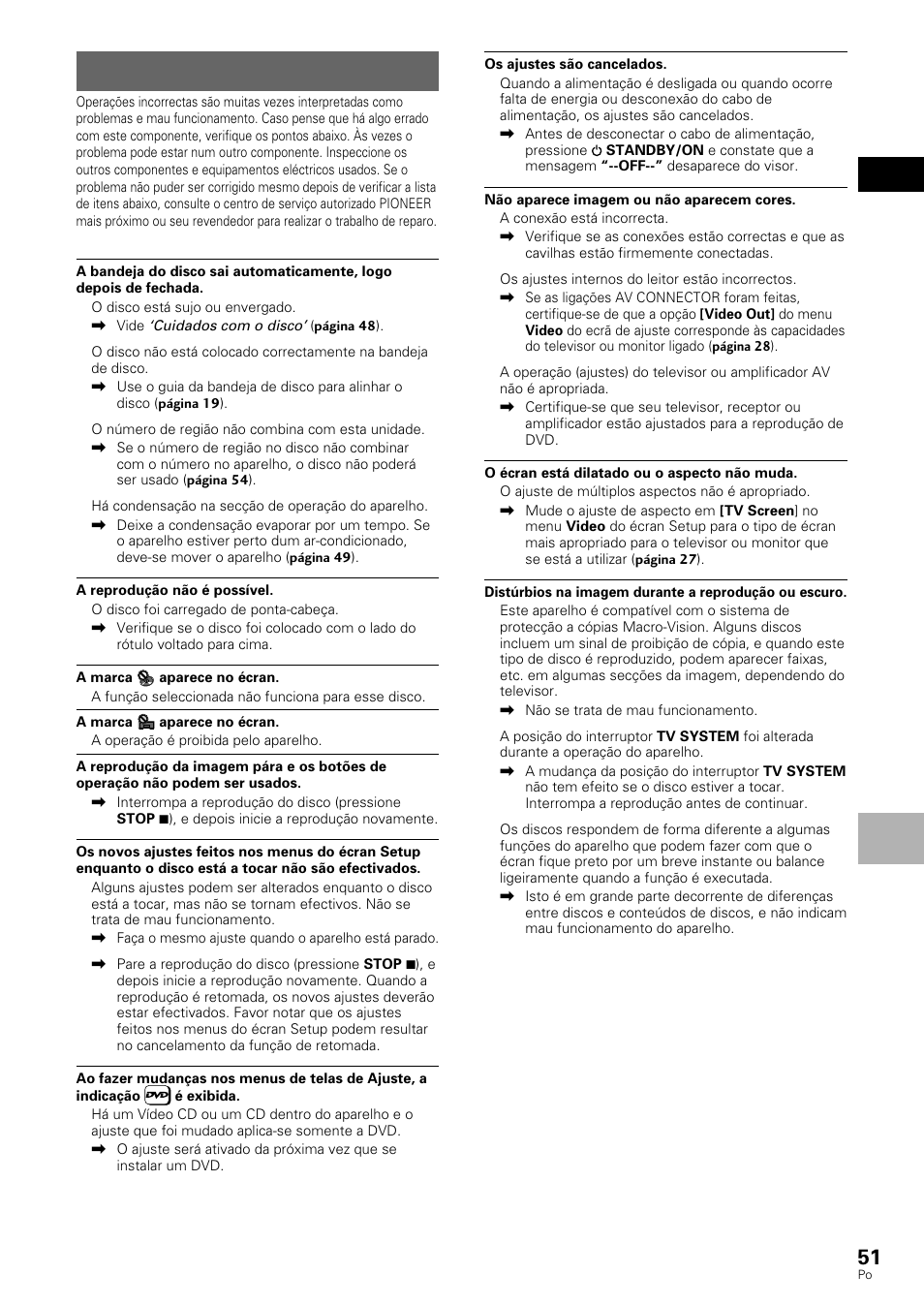 Detecção de problemas | Pioneer DV-530 User Manual | Page 107 / 112