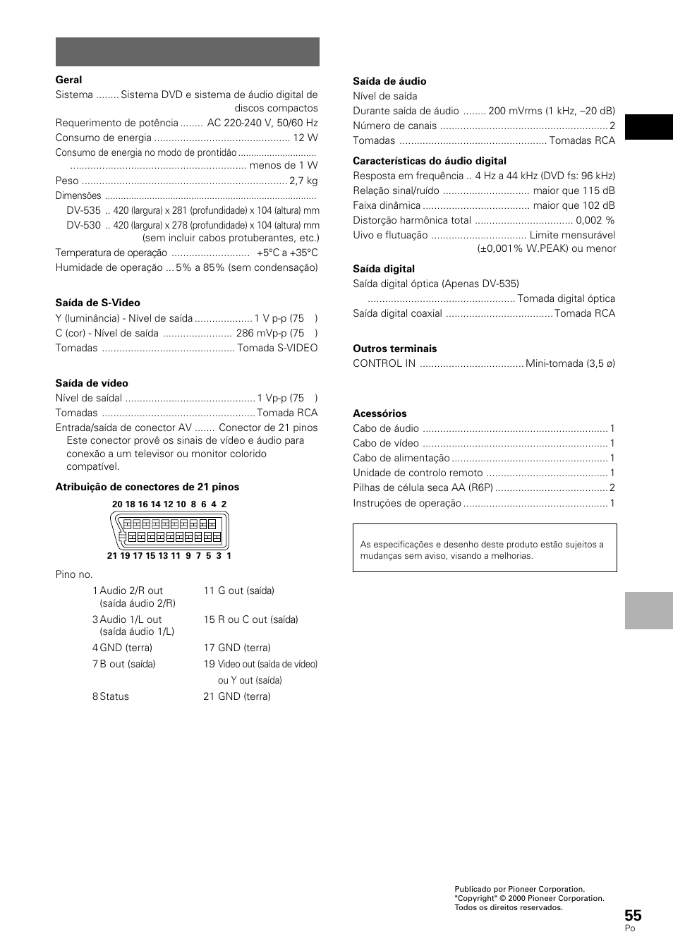 Especificações | Pioneer DV-530 User Manual | Page 111 / 112