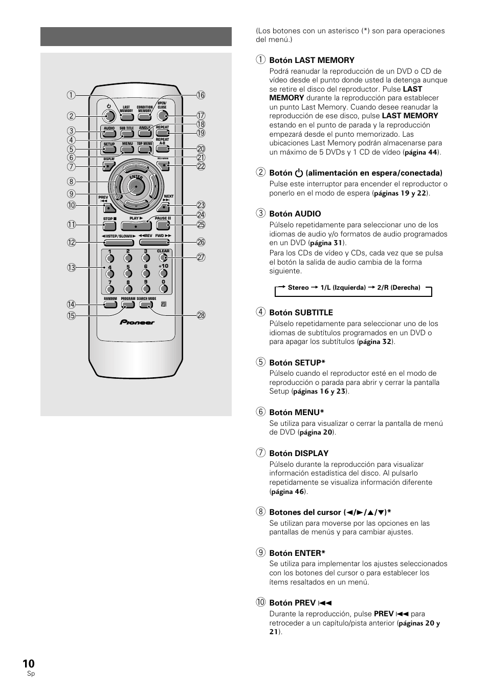 Mando a distancia | Pioneer DV-530 User Manual | Page 12 / 112