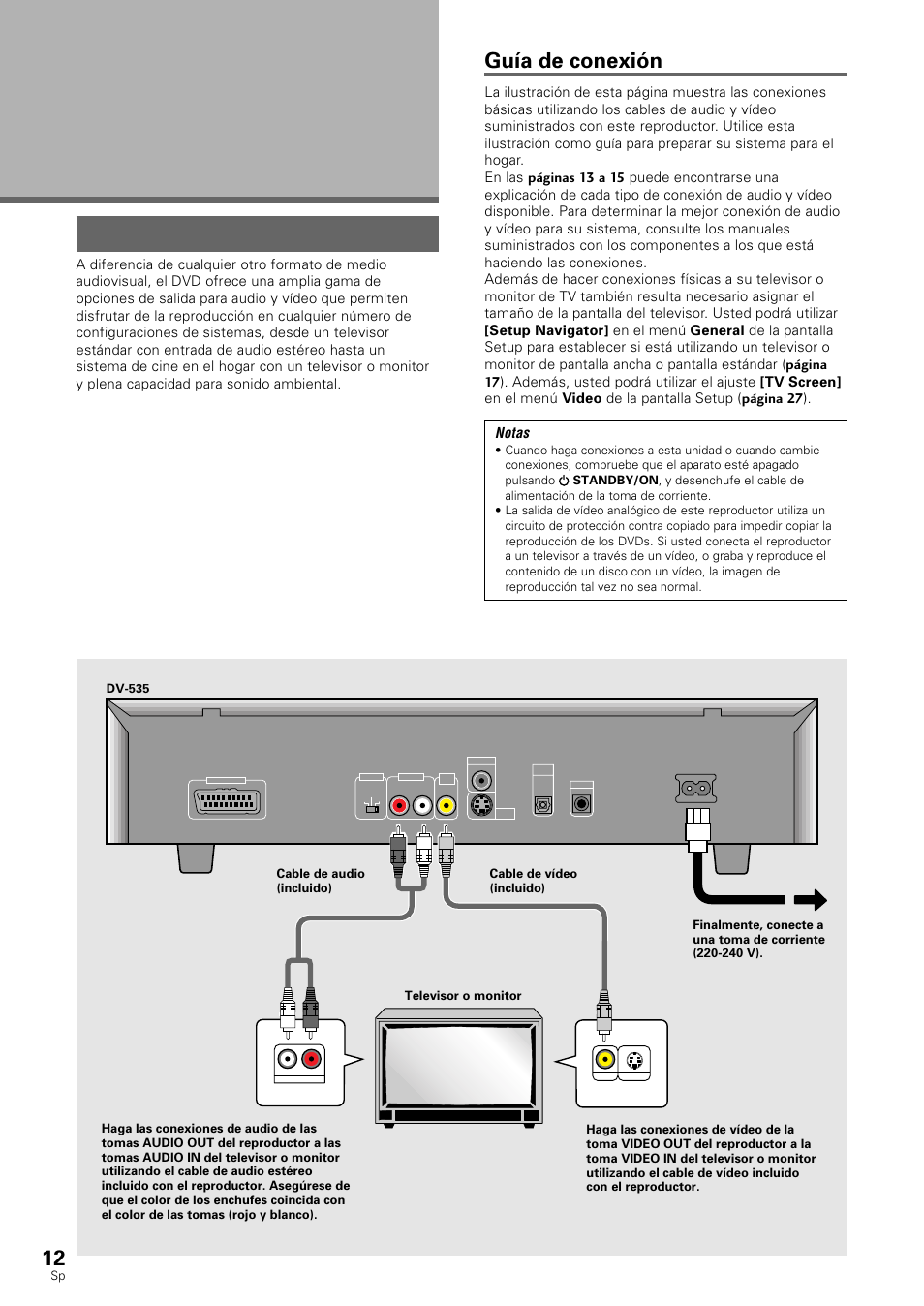 Conexiones, Conexión de su reproductor dvd, Guía de conexión | Notas | Pioneer DV-530 User Manual | Page 14 / 112