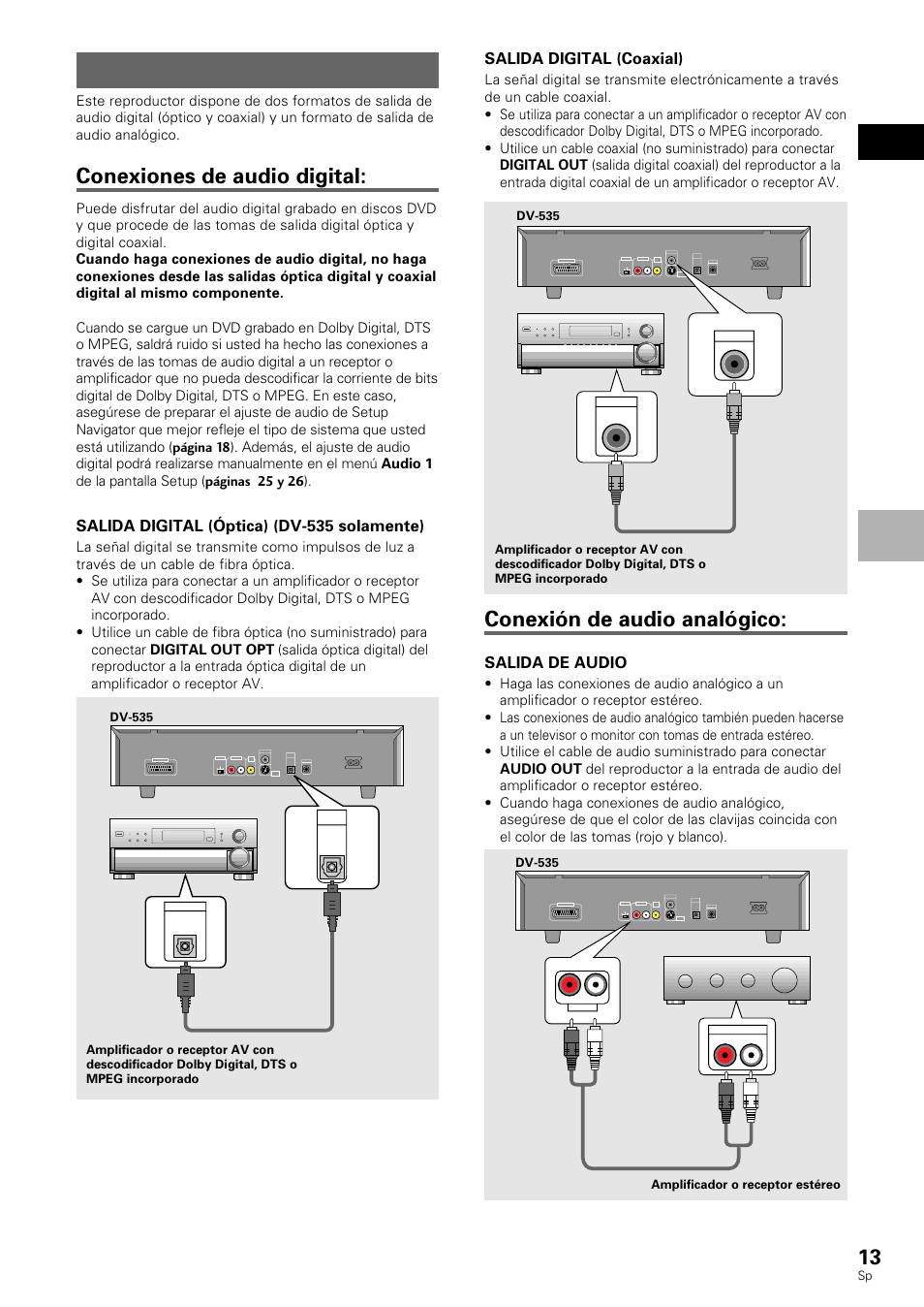 Conexiones de audio, Conexiones de audio digital, Conexión de audio analógico | Pioneer DV-530 User Manual | Page 15 / 112