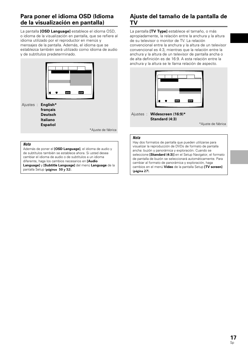 Ajuste del tamaño de la pantalla de tv, Español prep aración del reproductor, Nota | Pioneer DV-530 User Manual | Page 19 / 112