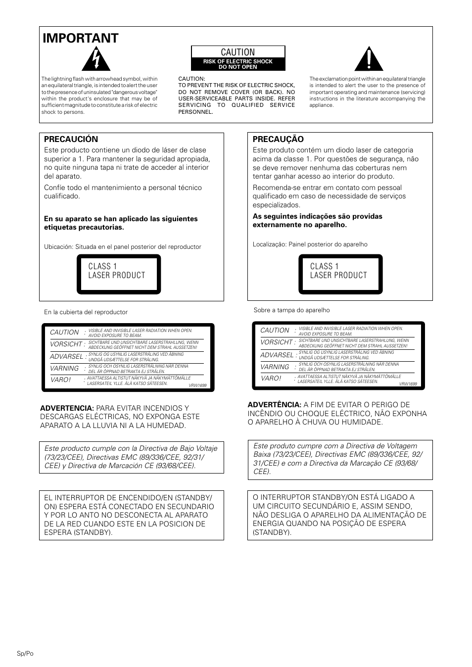 Important, Caution, Precaução | Precaución, Class 1 laser product | Pioneer DV-530 User Manual | Page 2 / 112