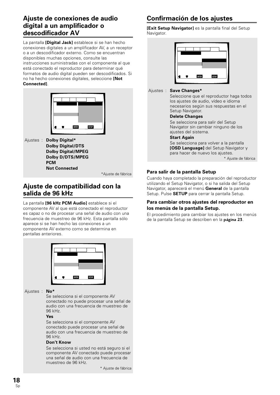 Confirmación de los ajustes, Ajuste de compatibilidad con la salida de 96 khz, Para salir de la pantalla setup | Pioneer DV-530 User Manual | Page 20 / 112