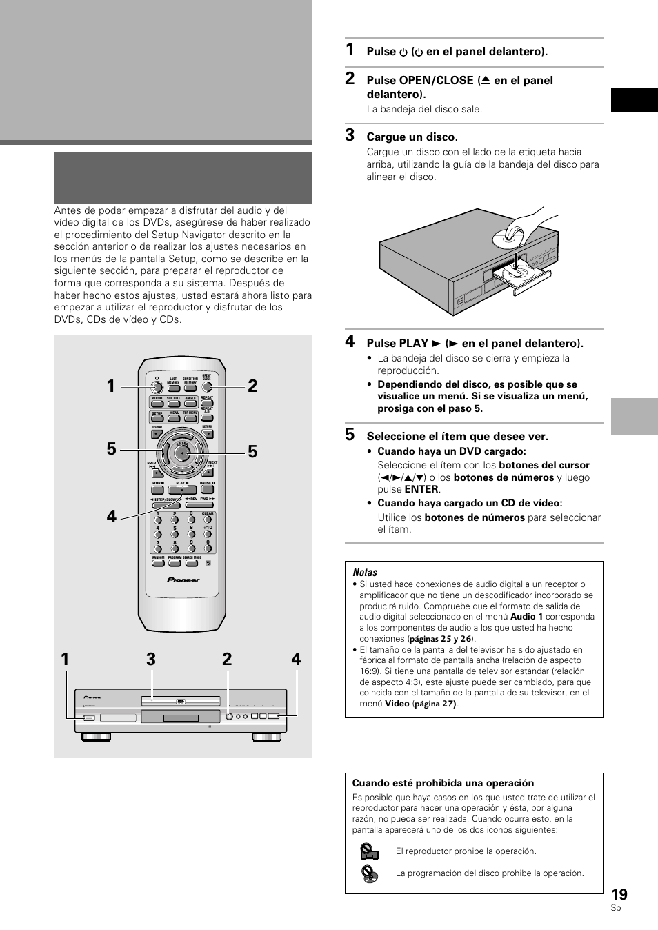 Reproducción de dvds, cds de vídeo, Y cds, Empezando a utilizar su reproductor dvd | Reproducción de dvds, cds de vídeo y cds, Español, Dvd/cd de vídeo/cd, Pulse ( en el panel delantero), Pulse open/close ( 0 en el panel delantero), Cargue un disco, Pulse play 3 ( 3 en el panel delantero) | Pioneer DV-530 User Manual | Page 21 / 112