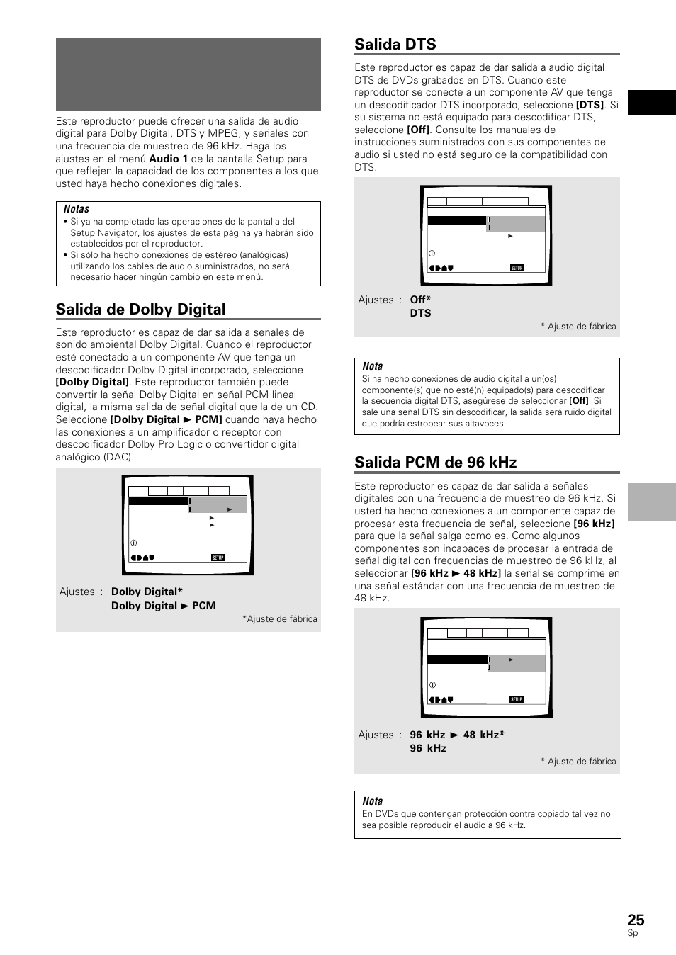 Ajuste de la salida de audio digital para que sea, Compatible con su componente av, Salida de dolby digital | Salida dts, Salida pcm de 96 khz, Español ajustes de audio y video, Notas, Nota | Pioneer DV-530 User Manual | Page 27 / 112