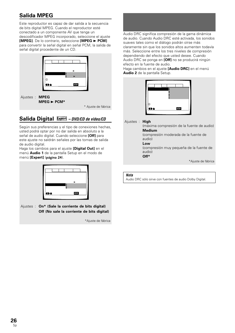 Ajuste de la gama dinámica de la pista de, Sonido, Ajuste de la gama dinámica de la pista de sonido | Salida mpeg, Salida digital, Dvd/cd de vídeo/cd, Nota | Pioneer DV-530 User Manual | Page 28 / 112