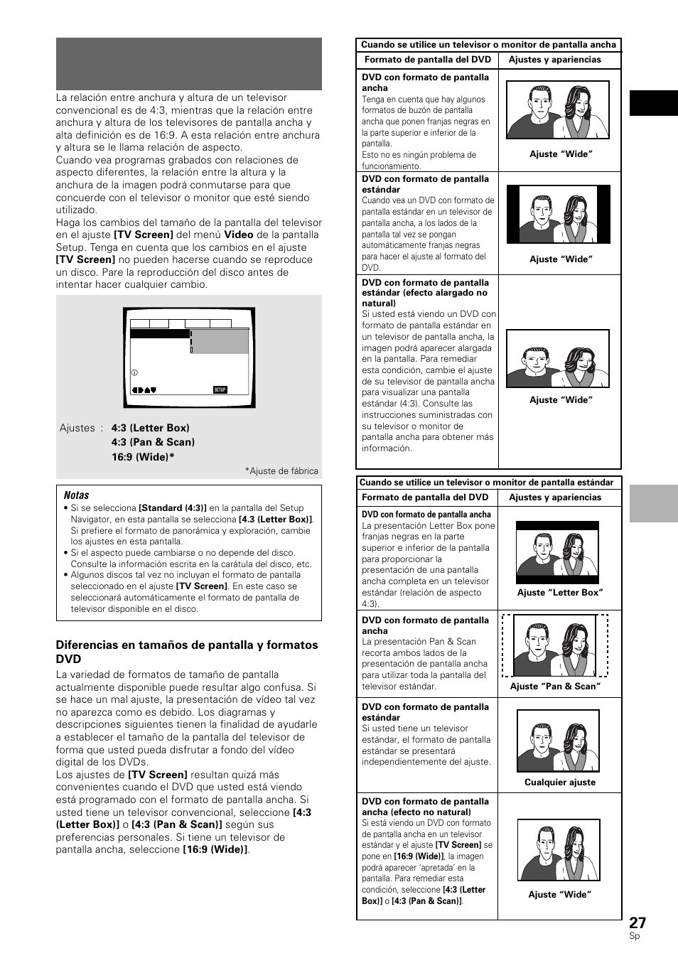 Ajuste del tamaño de la pantalla del televisor, Español ajustes de audio y video, Diferencias en tamaños de pantalla y formatos dvd | Pioneer DV-530 User Manual | Page 29 / 112