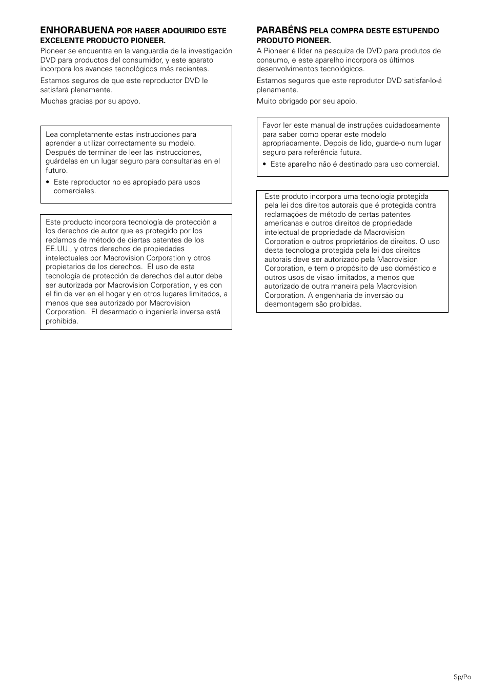 Parabéns, Enhorabuena | Pioneer DV-530 User Manual | Page 3 / 112