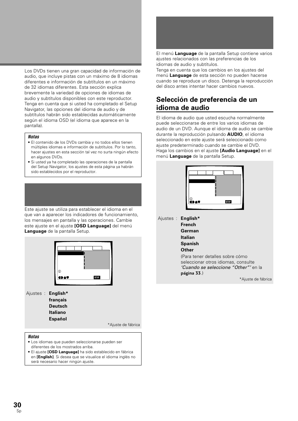 Ajuste de las opciones de idiomas, Ajuste del idioma de la visualización en pantalla, Osd) | Ajuste de preferencias de idiomas y subtítulos, En los menús de la pantalla setup, Selección de preferencia de un idioma de audio | Pioneer DV-530 User Manual | Page 32 / 112