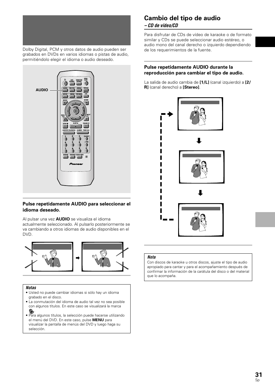 Cambio del idioma de audio, Función de múltiples idiomas), Cambio del tipo de audio | Cd de vídeo/cd, Español ajuste de las opciones de idiomas, Notas, Nota, Hello hola, Audio | Pioneer DV-530 User Manual | Page 33 / 112