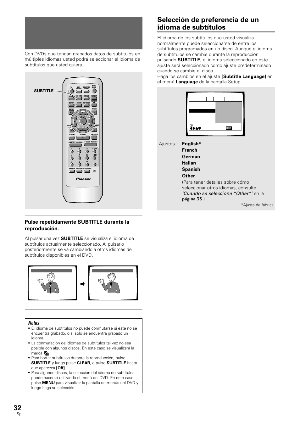 Selección de un idioma de subtítulos, Subtítulos en múltiples idiomas), Notas | Cuando se seleccione “other, En la página 33 .), Subtitle, Ajuste de fábrica | Pioneer DV-530 User Manual | Page 34 / 112