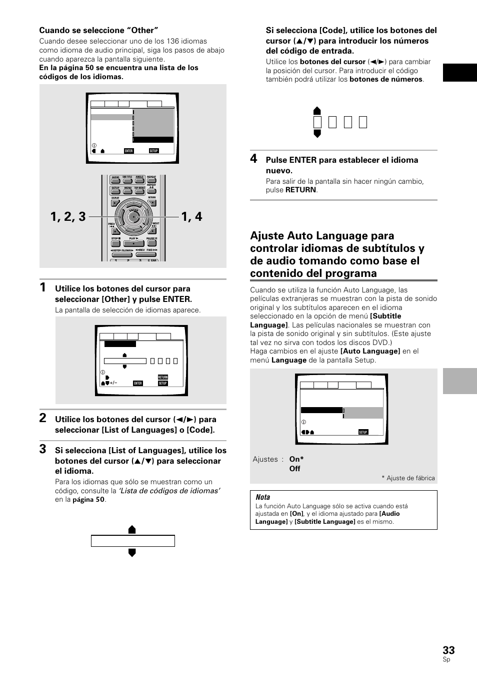 Español ajuste de las opciones de idiomas, Cuando se seleccione “other, Pulse enter para establecer el idioma nuevo | Lista de códigos de idiomas, Nota, La pantalla de selección de idiomas aparece, En la página 50 | Pioneer DV-530 User Manual | Page 35 / 112