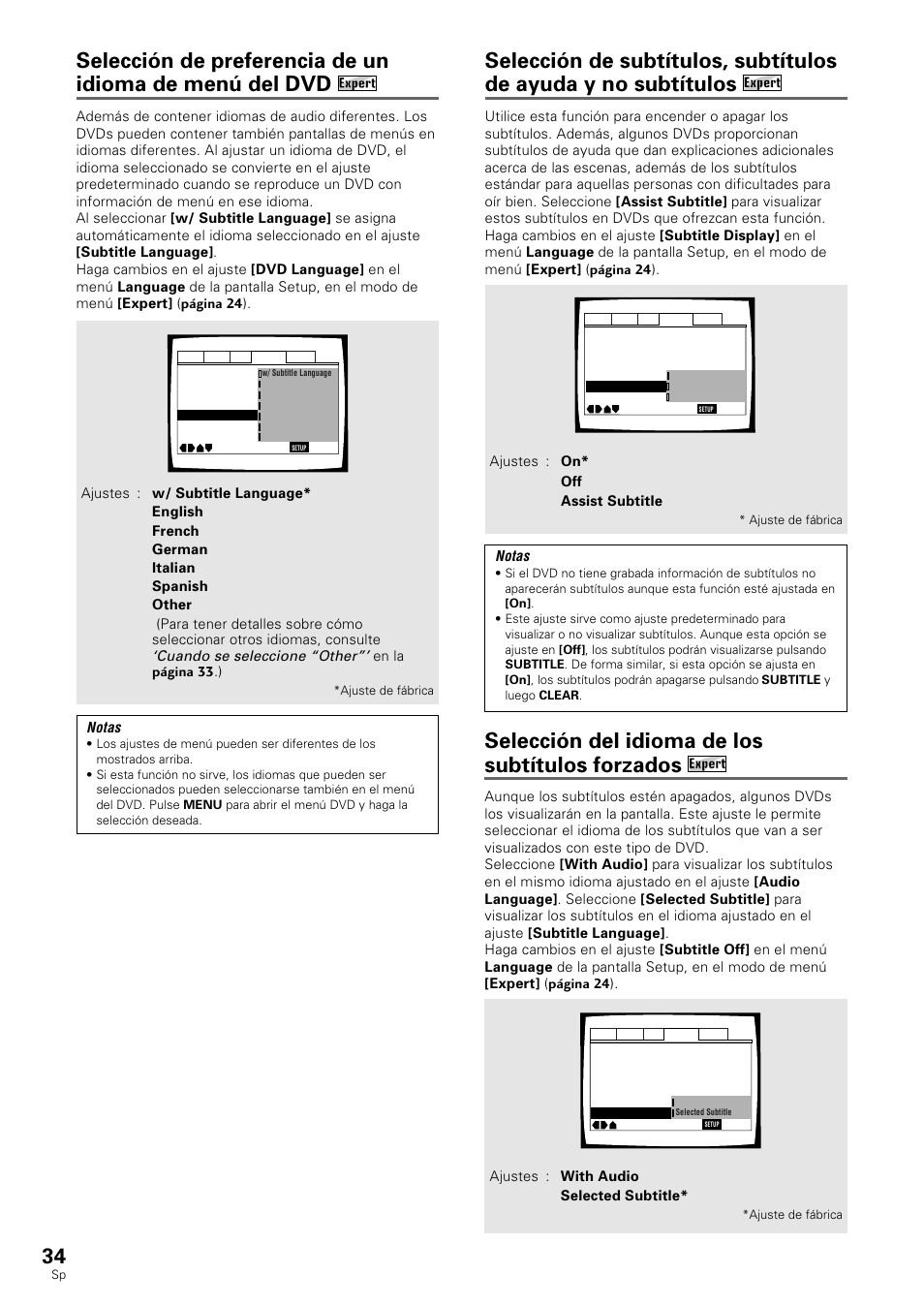 Selección del idioma de los subtítulos forzados, Notas, Cuando se seleccione “other | Pioneer DV-530 User Manual | Page 36 / 112